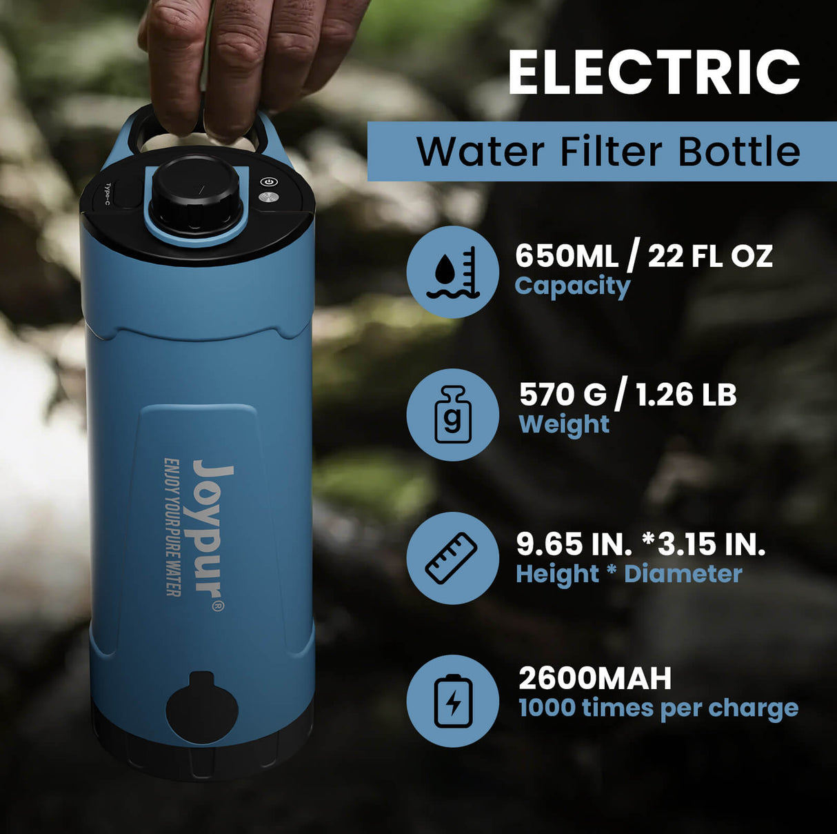 Joypur Portable Electric Water Filter Bottle 22 Ounces Water Purifier